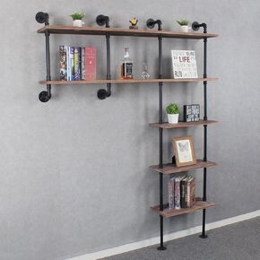 MBQQ 5-Tiers Industrial Pipe Shelving,59inch Rustic Wooden&Metal Floating Shelves,Home Decor Shelves Wall Mount,Real Wood Book Shelves,Wall Shelf Unit Bookshelf,Wall Shelf for Office Organizer,Grey