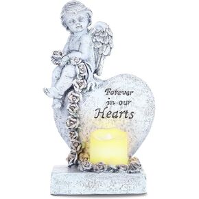 Angel Statue Sympathy Gifts, Resin Praying Angel Wing Figurines with LED Tealight Candle Holder, Heart with Memorial Words for Home Fireplace Decoration Remembrance Bereavement Condolence Gift
