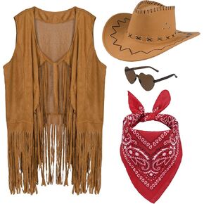 choyaxo Western Cowgirl Outfits Set Including Fringe Vest Cowgirl Hat Heart Shaped Sunglasses and Bandana for Women Halloween