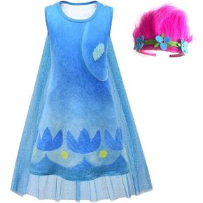 Trolls Costume Dress For 4-8T Girls Cosplay Poppy Princess Halloween Dress Up With Wigs