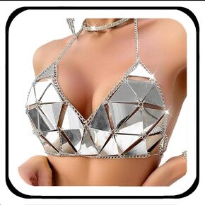 Easedaily Sparkly Sequin Bra Body Chain Halter Chest Chains Top Nightclub Bikini Body Chain Tops for Women