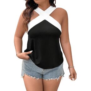 Floerns Women's Plus Size Criss Cross Tank Colorblock Sleeveless Halter Tops