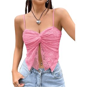 SOLY HUX Women's Lace Twist Front Split Cami Crop Tops Spaghetti Strap Asymmetrical Hem Top