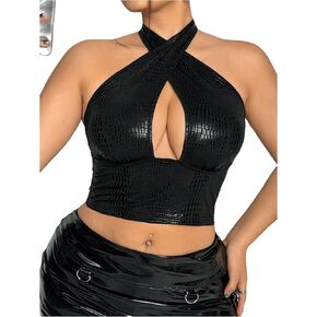 MakeMeChic Women's Plus Size Halter Top PU Leather Criss Cross Cut Out Backless Crop Tops