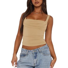 Vivitulip Women’s Sleeveless Square Neck Strappy Tank Top Sexy Ruched Backless Going Out Crop Camisole Tops