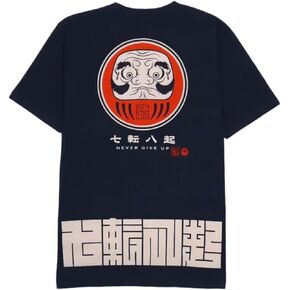 Japanese Design T-Shirts (Discharge Print Series/NANAKOROBIYAOKI DARUMA - Navy XL) 100% Cotton/Streetwear Oversized Unisex Graphic Tee T Shirt Men Women