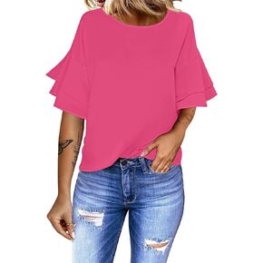 luvamia Women's Casual 3/4 Tiered Bell Sleeve Crewneck Loose Tops Blouses Shirt