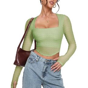 REORIA Women's Sexy Mesh Long Sleeve Slim Tops Square Neck Thumb Hole Curved Hem Solid Going Out Top