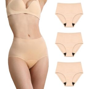 Seamless Incontinence Leak Proof Underwear for Women Absorbent Washable Panties Postpartum Protective Brief 3 Pack (Beige Beige Dark Blue XL)