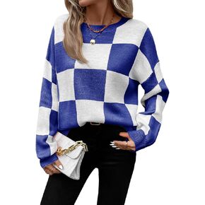 SHENHE Women's Checkered Color Block Oversized Sweater Plaid Crew Neck Drop Shoulder Pullovers