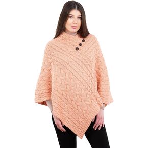 Ladies Poncho 100% Virgin Wool Aran Cable Knit Shawl Neck with Buttons Sweater