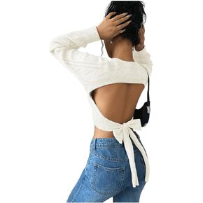 GORGLITTER Women's Bow Open Back Sweater Cable Knit Cropped Sweater Crewneck Pullover Crop Tops