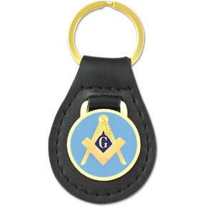 Square & Compass Black Leather Medallion Masonic Key Chain - [Light Blue & Gold][3 1/4'' Tall]
