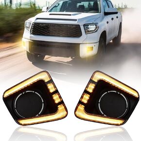 Switchback White/Amber LED Front Fog Lamp DRL Amber Sequential Turn Signal Light Compatible with Toyota Tundra Front Fog Bumper Light Replacement Front OEM Bumper Trim