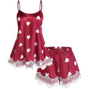 ROSE GAL Rosegal Plus Size Women Silk Satin Pajamas Set Lounge Set Valentine Day Heart Loungewear Set