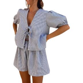 Argeousgor طقم بيجامات نسائي مكون من قطعتين Y2k بأكمام منتفخة وربطة عنق أمامية وسروال قصير منقوش من قطعتين طقم صالة ملابس نوم in Kuwait