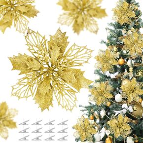 36 Pcs Christmas Glitter Poinsettia Flowers Artificial Flower Ornaments Fake Flower Christmas Tree Decorations Glitzy Poinsettia with Clips for DIY Xmas Wreaths Holiday Home Party Decor (Silver)