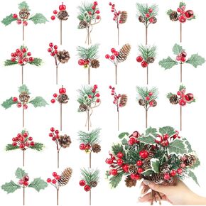 36PCS Christmas Picks with Pine Cones Holly Berry Artificial Red Berry Stems Pine Branches Small Christmas Berry Picks for Crafts Gift Wrapping Floral Picks Tree Wreaths Decor Holiday Arrangement
