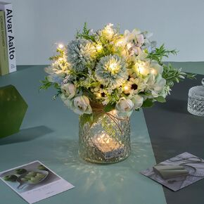 Artificial LED Green Rose Flowers with Glass Vase, Remote Control Led Light, Flower Arrangement for Table Centerpiece, Home Office Wedding Decoration