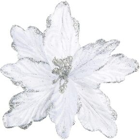 DuHouse 7Pcs Poinsettia Flowers Picks Artificial Glitter Poinsettia Flowers with Stems Christmas Tree Ornaments with Stems for Home Kitchen Decorations(White)