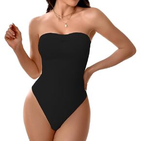 Strapless Tong Bodysuit for Women Tummy Control Seamless Shortie Shapewear Sculpt Body Shaper Off Shoulder Tops