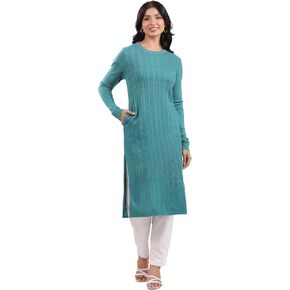 Janasya Indian Women's Sea Green Woolen Self Design Straight Winter Kurta
