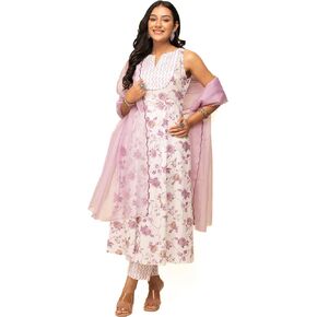Women's White Cotton A-line Kurta with Pant and Dupatta