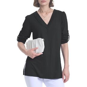Women Tops Pleated V Neck Tunic Trendy Casual Business Shirts Side Split Fall Blouses Long Roll up Sleeves