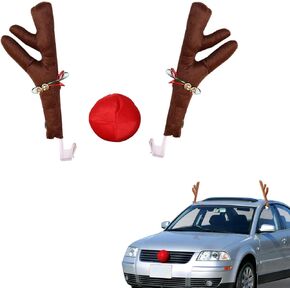 3 PCS Car Christmas Atmosphere Pendant, Short Plush Cloth Art Reindeer Antler Nose PVC Clip-on Fixed Decorative Pendant,Suitable for Most Car Models (Brown & Red)
