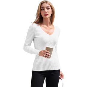 v28 Women Tops Long Sleeve V Neck Henley Button Up Casual Sexy Slim Fit Ribbed Knit Knitwear Pullover Sweater