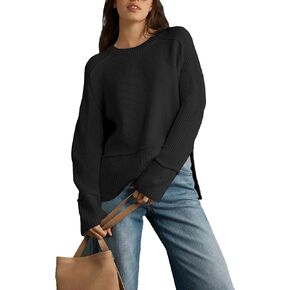 Women's Oversized Pullover Sweaters Crewneck Long Sleeve Casual Side Slit Warm Knit Sweater Top