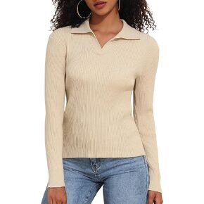 kayamiya Women's Long Sleeve Polo Sweater V Neck Ribbed Knit Slim Fit Collared Pullover Sweaters