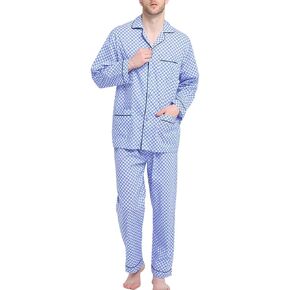 GLOBAL Mens Pajamas Set, 100% Cotton Woven Drawstring Sleepwear Set with Top and Pants/Bottoms