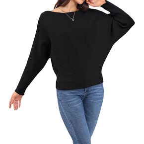 Women's Boat Neck Bat Sleeve Dolman Knitted Sweater Loose Women's Bat Long Sleeved Pullover
