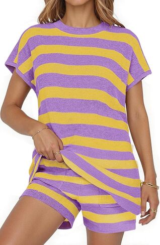 UEU إمرأة 2 قطعة وتتسابق صالة مجموعات الصيف مخطط قصيرة الأكمام أعلى السراويل مطابقة متماسكة المتضخم بيجامة سترة مجموعة in Kuwait