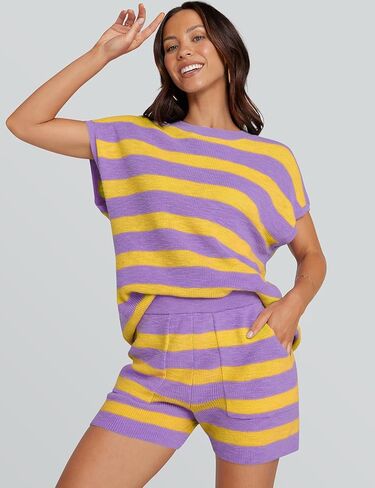 UEU إمرأة 2 قطعة وتتسابق صالة مجموعات الصيف مخطط قصيرة الأكمام أعلى السراويل مطابقة متماسكة المتضخم بيجامة سترة مجموعة in Kuwait