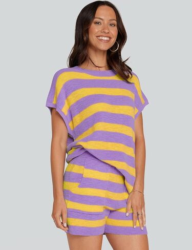 UEU إمرأة 2 قطعة وتتسابق صالة مجموعات الصيف مخطط قصيرة الأكمام أعلى السراويل مطابقة متماسكة المتضخم بيجامة سترة مجموعة in Kuwait