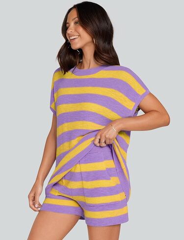 UEU إمرأة 2 قطعة وتتسابق صالة مجموعات الصيف مخطط قصيرة الأكمام أعلى السراويل مطابقة متماسكة المتضخم بيجامة سترة مجموعة in Kuwait