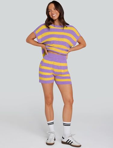 UEU إمرأة 2 قطعة وتتسابق صالة مجموعات الصيف مخطط قصيرة الأكمام أعلى السراويل مطابقة متماسكة المتضخم بيجامة سترة مجموعة in Kuwait