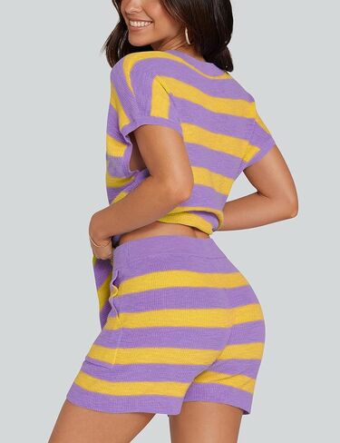 UEU إمرأة 2 قطعة وتتسابق صالة مجموعات الصيف مخطط قصيرة الأكمام أعلى السراويل مطابقة متماسكة المتضخم بيجامة سترة مجموعة in Kuwait