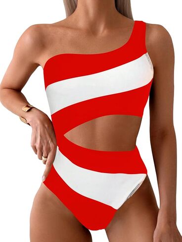 Leoparts Women's Color Block One Piece Swimsuits Monokini One Shoulder Cutout High Cut Bathing Suits Beachwear in Kuwait