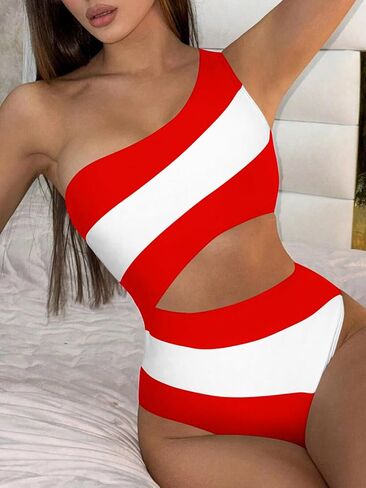 Leoparts Women's Color Block One Piece Swimsuits Monokini One Shoulder Cutout High Cut Bathing Suits Beachwear in Kuwait