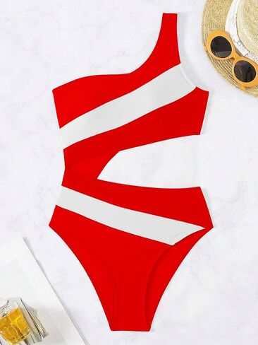 Leoparts Women's Color Block One Piece Swimsuits Monokini One Shoulder Cutout High Cut Bathing Suits Beachwear in Kuwait