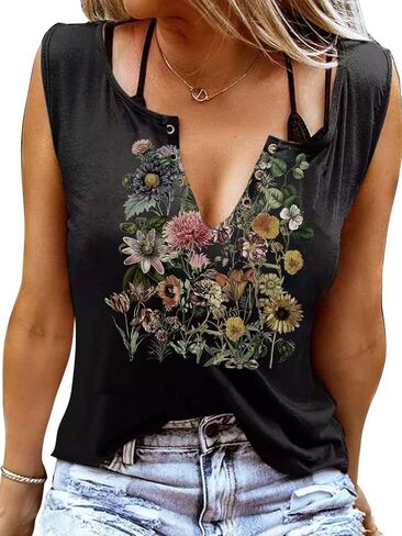 Women's Wildflower Floral V-Neck Tank Tops Summer Sleeveless Casual Loose Fit Shirt in Saudi Arabia