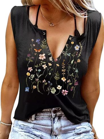 Women's Wildflower Floral V-Neck Tank Tops Summer Sleeveless Casual Loose Fit Shirt in Saudi Arabia
