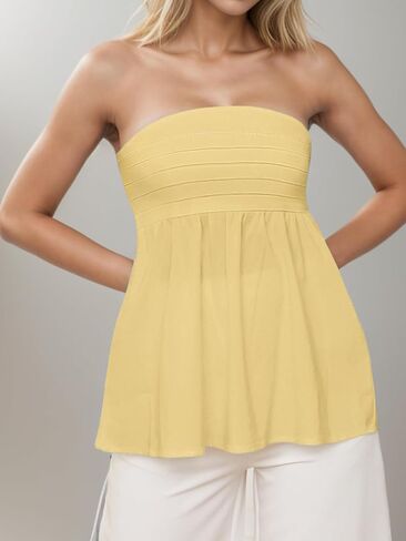 Jenbou Women Strapless Bandeau Tube Top Ruffle Hem Off Shoulder Sleeveless Peplum Flowy Blouse Shirt Summer Going Out Tanks in Saudi Arabia