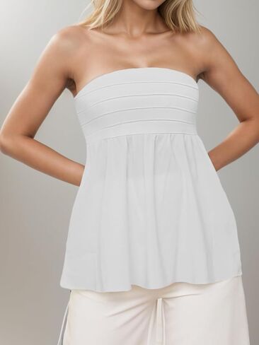 Jenbou Women Strapless Bandeau Tube Top Ruffle Hem Off Shoulder Sleeveless Peplum Flowy Blouse Shirt Summer Going Out Tanks in Saudi Arabia