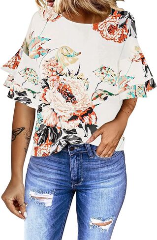 luvamia Women's Casual 3/4 Tiered Bell Sleeve Crewneck Loose Tops Blouses Shirt in Kuwait