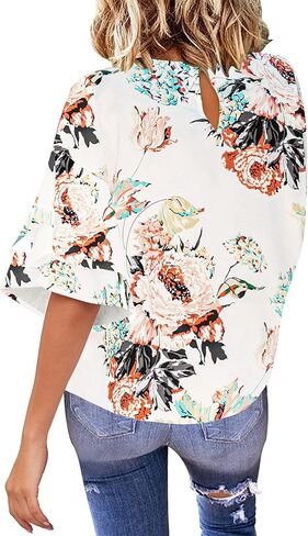 luvamia Women's Casual 3/4 Tiered Bell Sleeve Crewneck Loose Tops Blouses Shirt in Kuwait