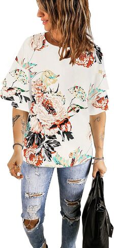 luvamia Women's Casual 3/4 Tiered Bell Sleeve Crewneck Loose Tops Blouses Shirt in Kuwait